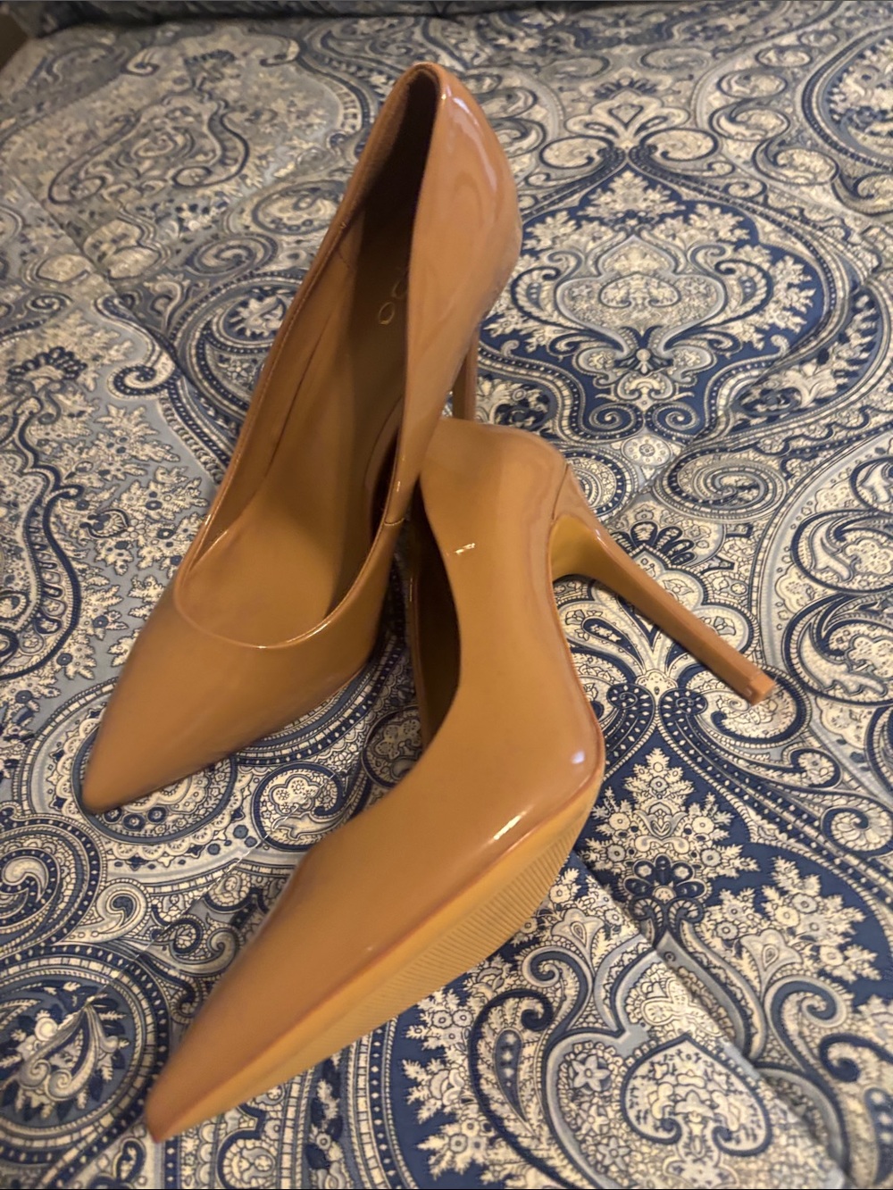 Aldo Patent Leather Pointed Toe Pumps in Camel Brown